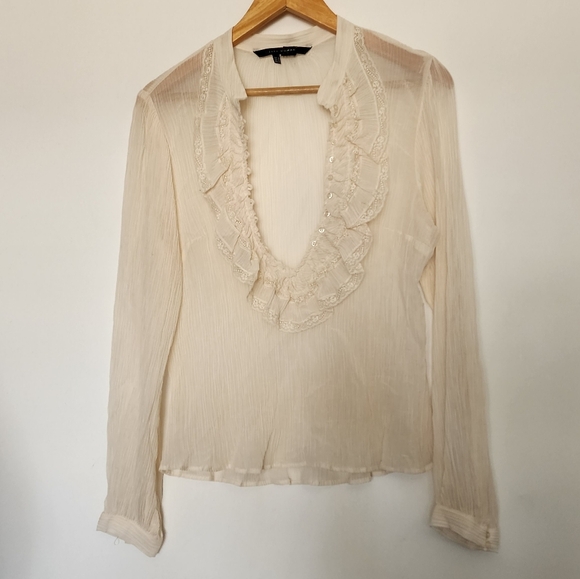 Zara creme ruffled vneck buttondown longsleeve top - Picture 6 of 10